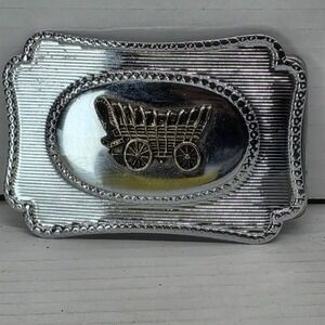 Vintage Western Wagon Belt Buckle Chrome Silver Tone – Fits 2" Belt 3.5" x 2.25"